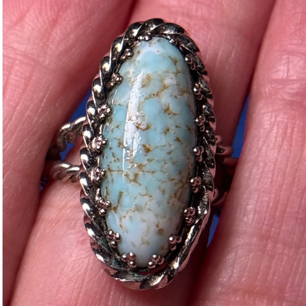 Vintage Silver Tone Oval Turquoise Adjustable Ring Rope Twist Design W‎ Germany